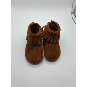 Minnetonka Kids Brown Suede Leather Moccasin Booties Fringe Size 2
